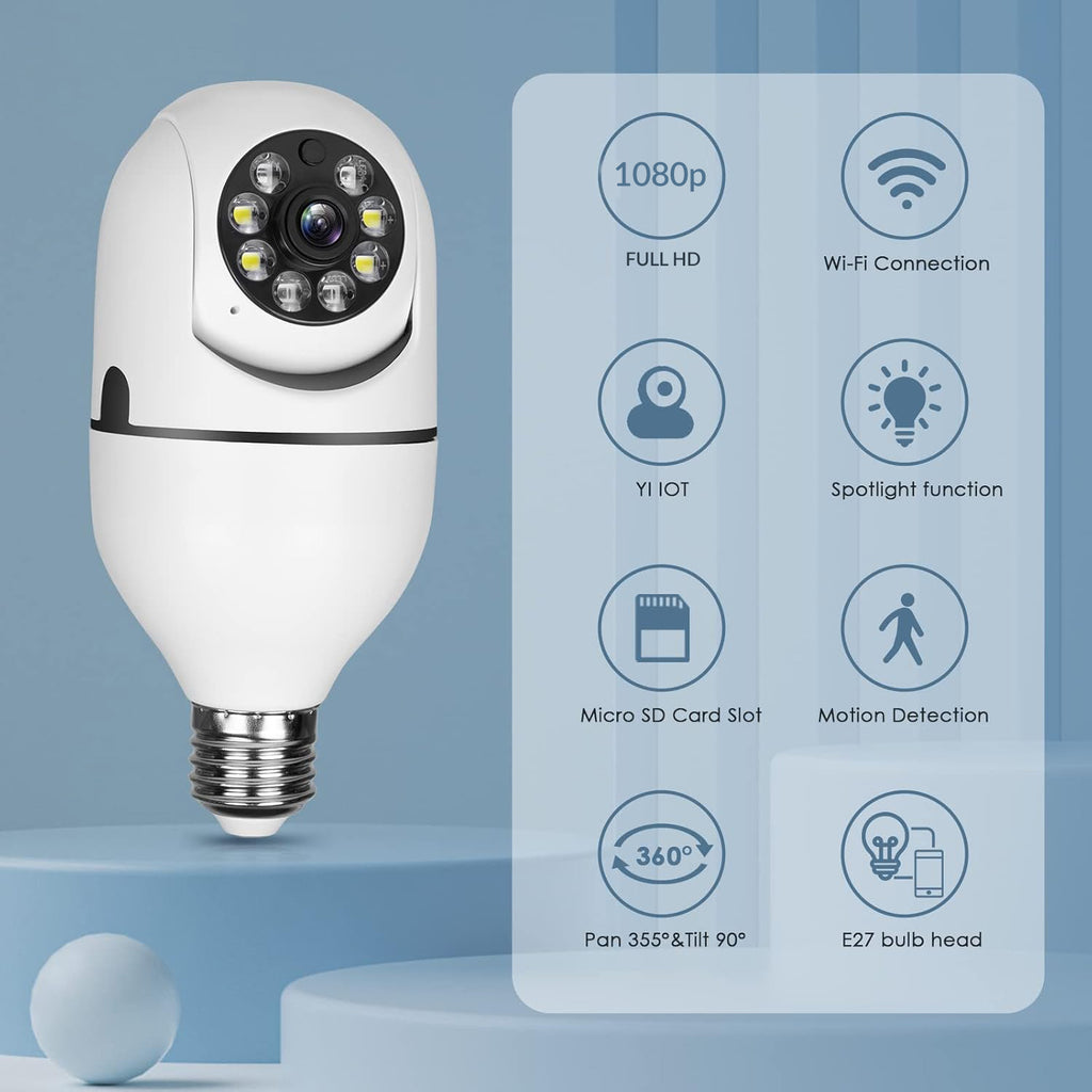 1080p E27 Wi-Fi bulb camera features including motion detection and pan tilt