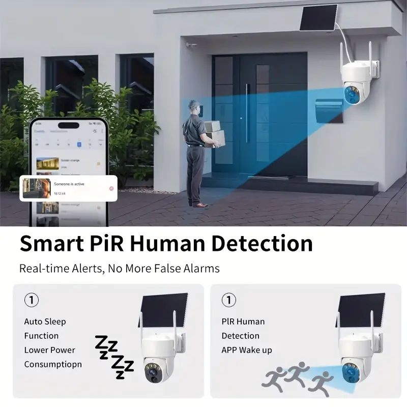 Solar outdoor security camera using PIR human detection at a home entrance