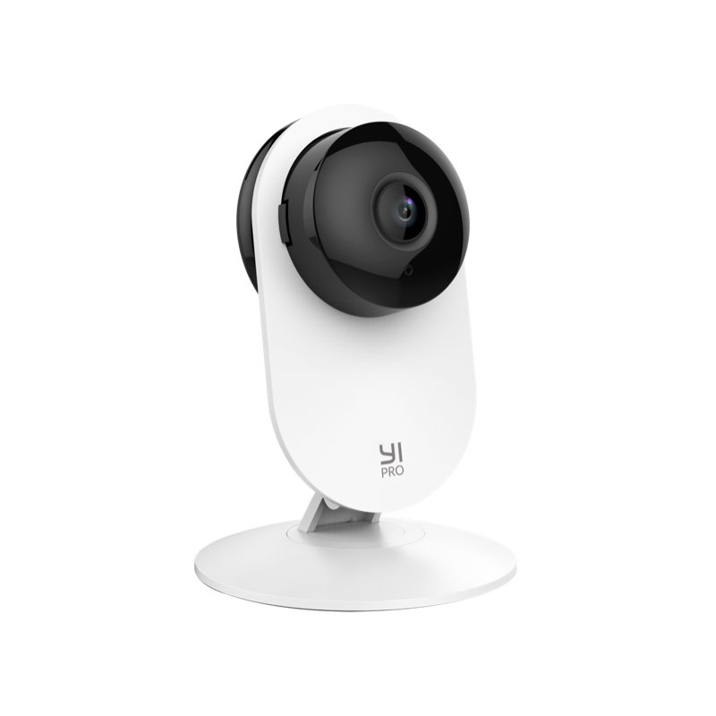 Three-quarter view of the white YI Pro 2K indoor security camera