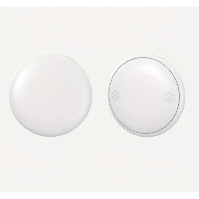 Front and back views of a round white Bluetooth tracker showing the speaker hole pattern