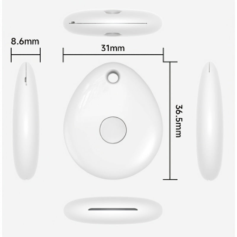 Teardrop-shaped white Bluetooth key finder shown from front, side, and back with 36.5 mm height, 31 mm width, and 8.6 mm thickness