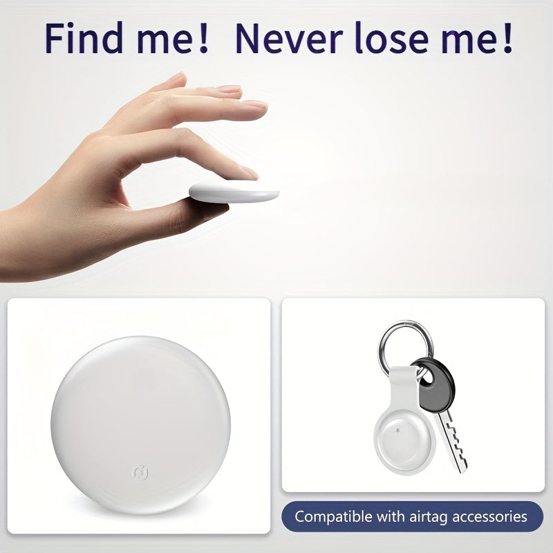 Hand holding a round white Bluetooth tracker beside two compatible keychain accessories