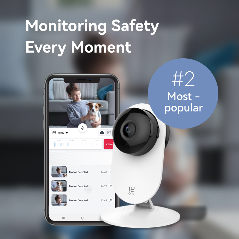 YI 2K indoor camera beside a smartphone displaying motion detection alerts