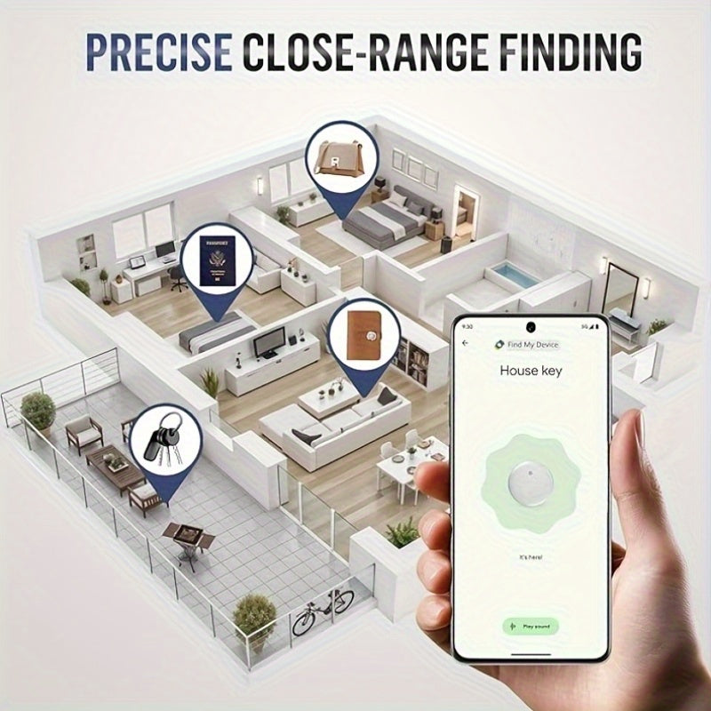 Smartphone showing the Find My app locating a house key with a close-range home map