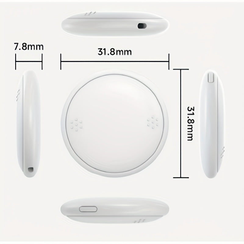 Round white Bluetooth tracker shown from top, side, and bottom views with 31.8 mm diameter and 7.8 mm thickness