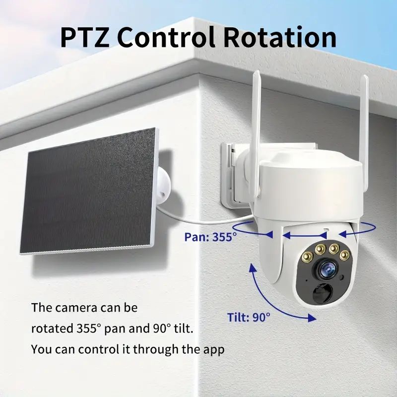 App-controlled outdoor camera with 355-degree pan and 90-degree tilt