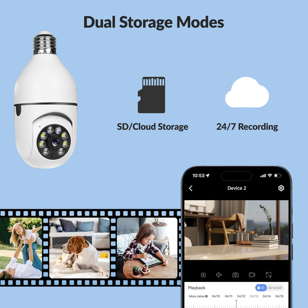 microSD card and cloud recording options for a bulb security camera