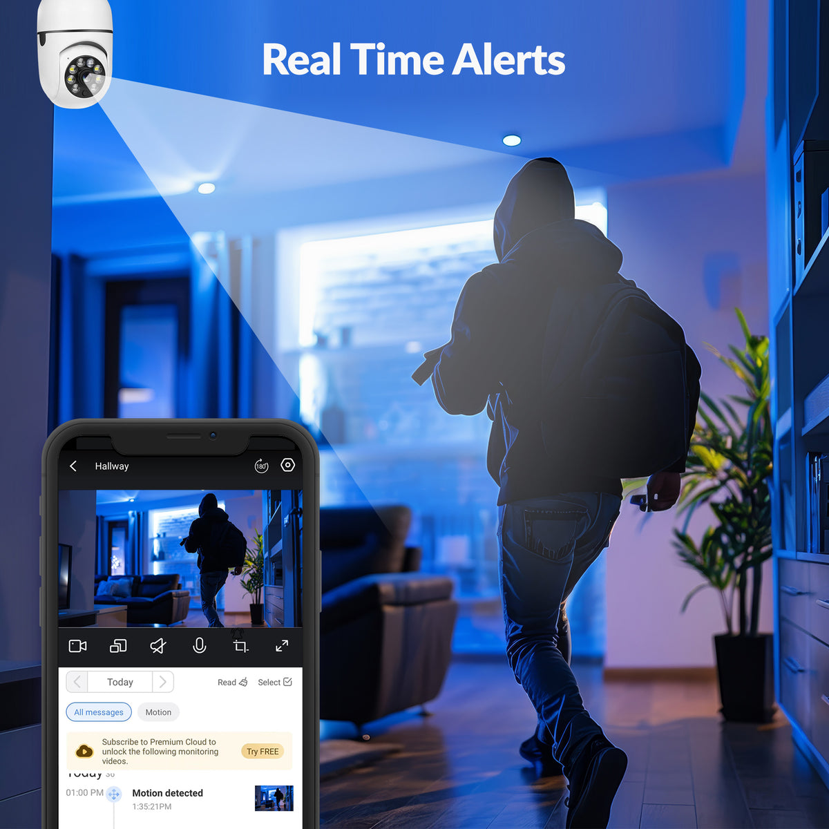 Real-time mobile motion alerts from a bulb security camera