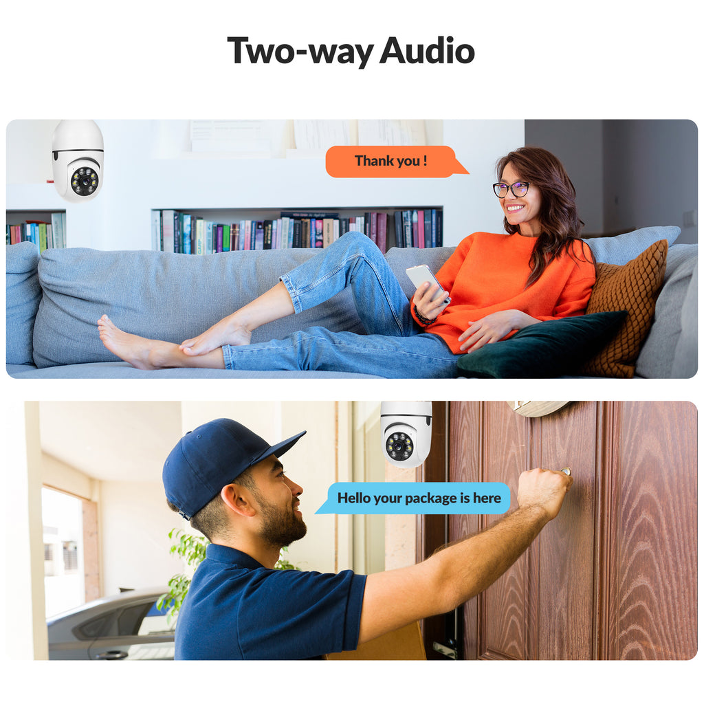 Two-way audio communication through a bulb security camera