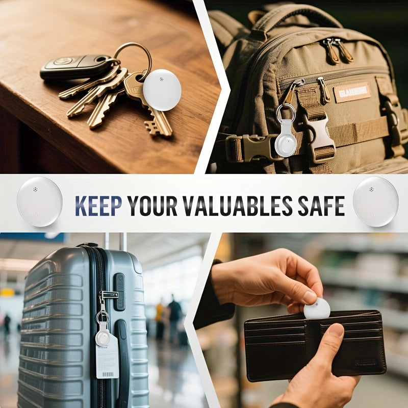 Round Bluetooth tracker attached to keys, a backpack, a suitcase, and a wallet