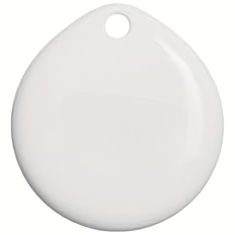 Front view of a teardrop-shaped white Bluetooth key finder with a lanyard hole