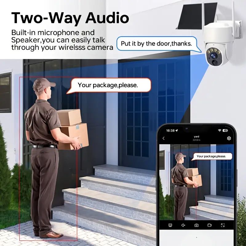 Two-way audio through a solar outdoor security camera and mobile app