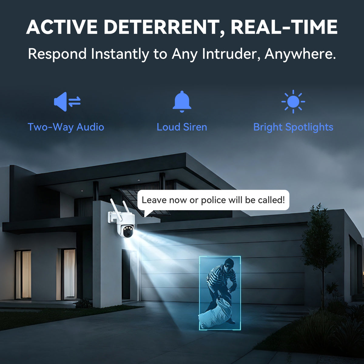 Siren, spotlights and two-way audio security deterrent