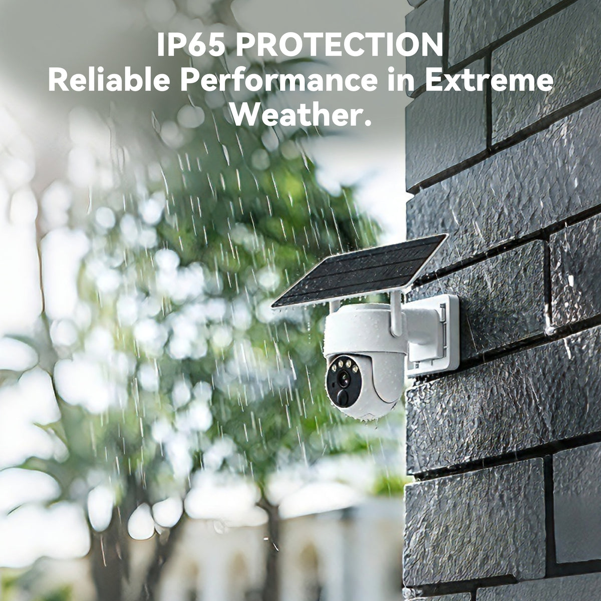 IP65 solar security camera operating in rainy weather