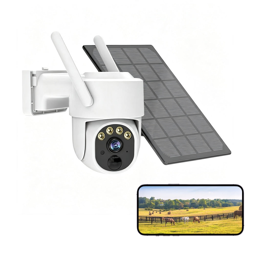 White 4G LTE solar battery security camera with solar panel
