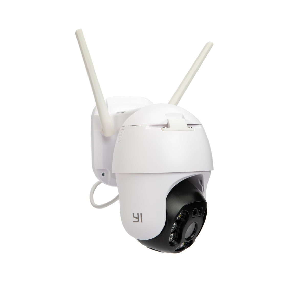 White YI outdoor security camera with dual Wi-Fi antennas
