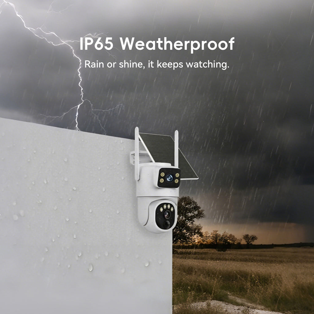 IP65 dual-lens solar security camera operating in heavy rain