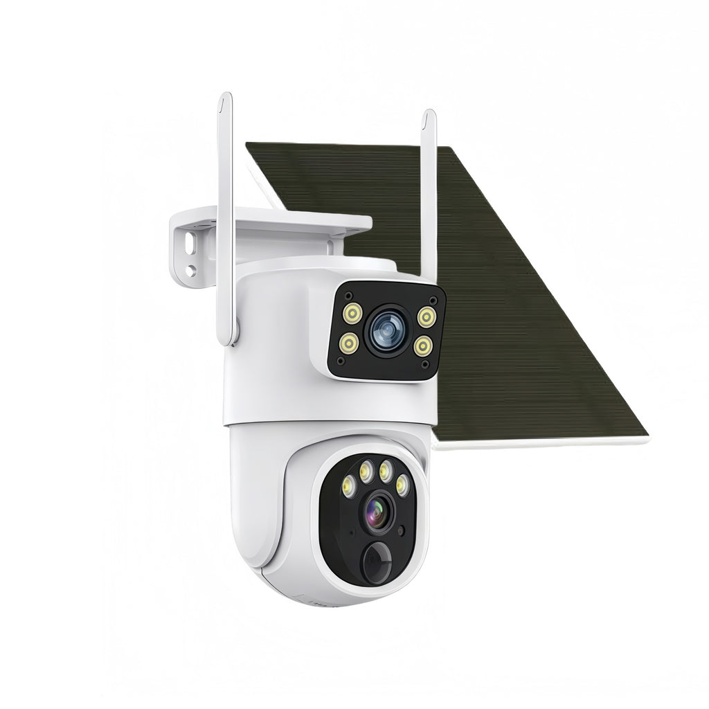 White dual-lens 4G LTE solar security camera with solar panel