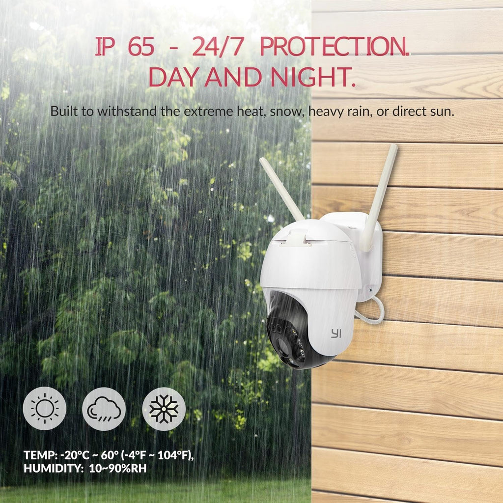 IP65 outdoor security camera mounted on a wall in heavy rain