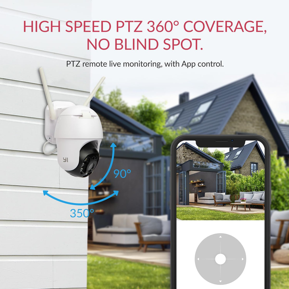 Outdoor security camera with app-controlled 355-degree pan and 105-degree tilt