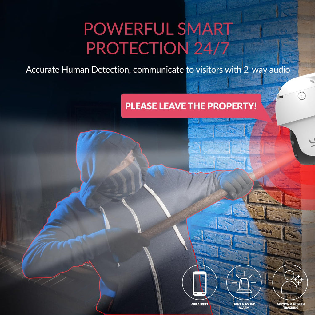 Outdoor security camera showing app alerts, light and sound alarm, and human tracking
