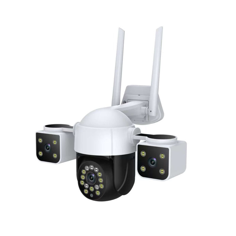 White YI triple-lens security camera with two antennas, angled view