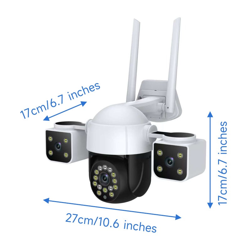 Dimension diagram showing the triple-lens security camera layout