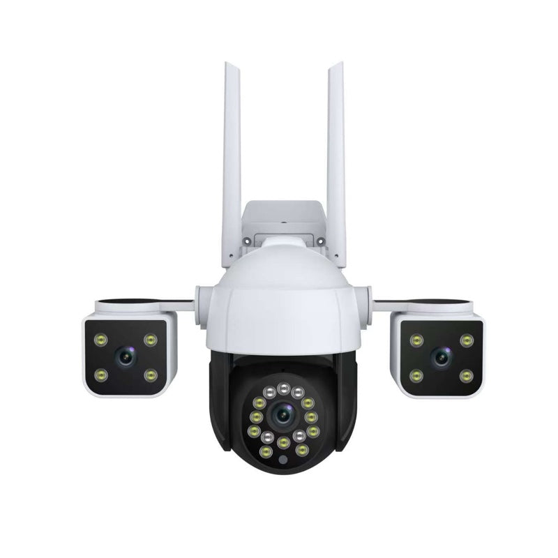 Front view of the white YI triple-lens security camera